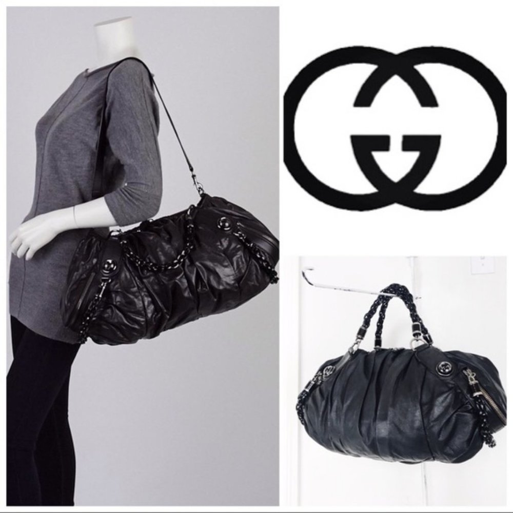 GUCCI Galaxy Two-Way Bag Black Leather Vintage Medium Satchel Purse Silver Chain - Picture 2 of 13